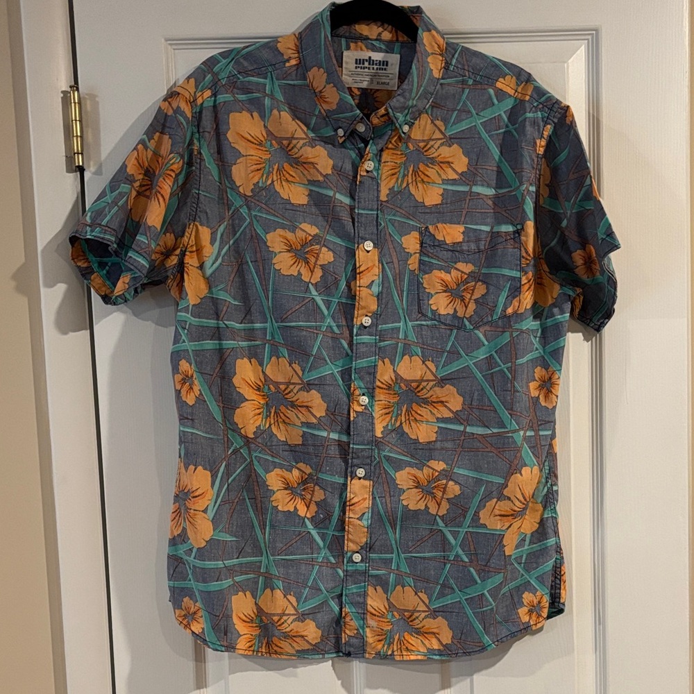 Urban Pipeline Men's Floral Button‎ Down Shirt - Orange and Blue size XL